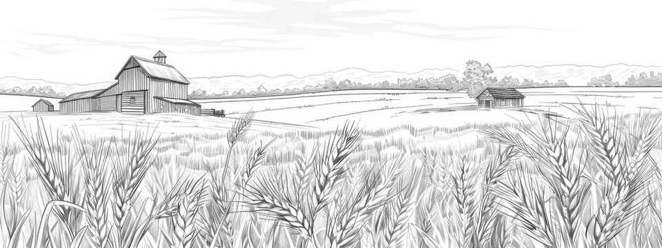 Panoramic view of an agricultural field with wheat in the background and a wooden barn. Sketch illustration.