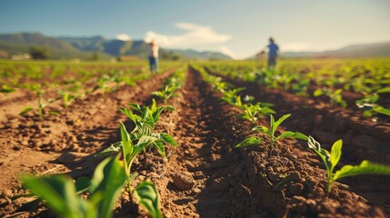 Two people are working in a field of green plants