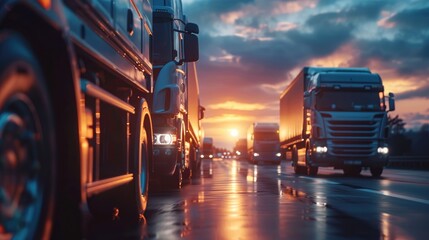 Fototapeta premium Row of semi trucks are parked on a wet road. The trucks are all white and are parked in a line. The scene is dark and rainy, with the trucks' headlights illuminating the wet road