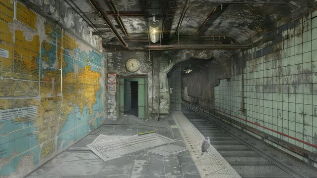 Animation Abandoned underground subway station with peeling paint generated with ai