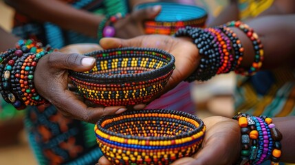 A group of people are holding up two bowls, one of which is decorated with beads. Concept of community and togetherness, as the people are sharing the bowls with each other
