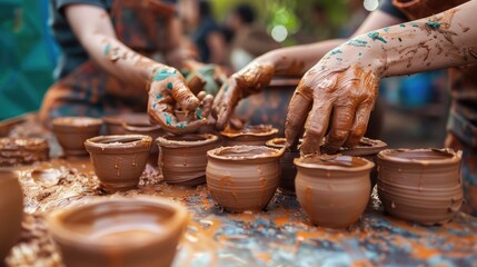 Two people are making pottery on a table. The table is covered with clay and the pottery is still wet