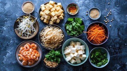 A variety of Asian food is displayed on a table, including shrimp, carrots, and noodles. The bowls are filled with different ingredients, and the overall mood of the image is one of abundance