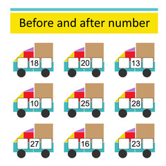 What comes Before and After. Math worksheets for kids. Number range up to 30. Vector illustration of cartoon truck.