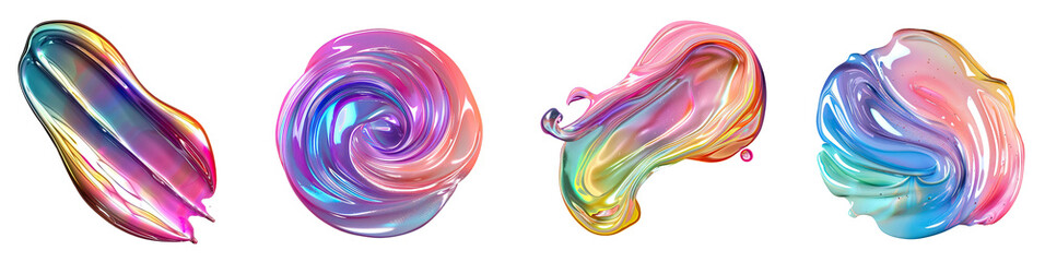 Set of top view colorful rainbow cream liquid fluid splashes, cosmetic beauty fashion, abstract shapes elements design, isolated on white background, png