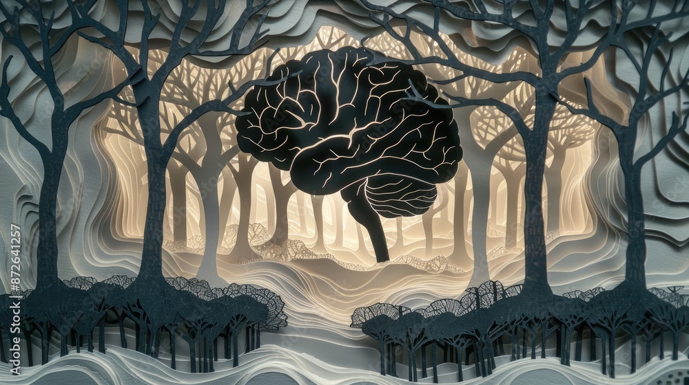 Poster a brain is surrounded by trees in a forest. the brain is black and white and he is glowing. scene is