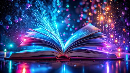 Neon-lit, futuristic, glowing, and wet book pages reflect a mesmerizing, high-tech, mystical ambiance, ideal for imaginative tales and creative sparks.