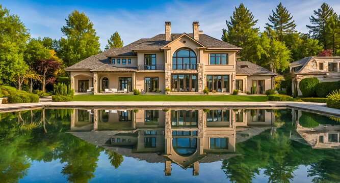 Beautiful luxury house reflected in pond calm water