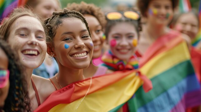 Group of young activist for lgbt rights with rainbow flag, diverse people of gay and lesbian community. Diversity and gender identity concept advertising style images