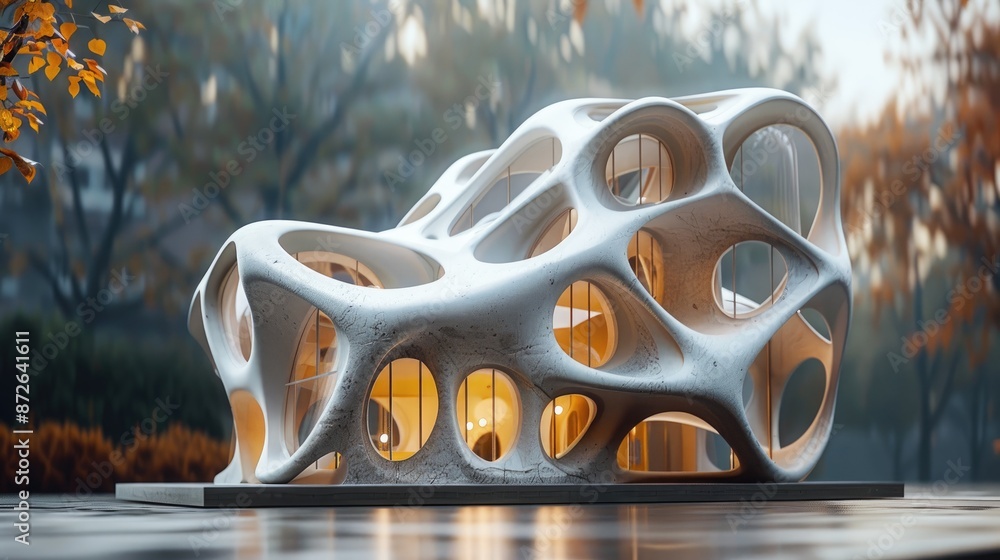 Poster a white building with a lot of windows and a curved roof. the building is surrounded by trees and ha