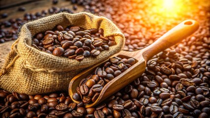 Fototapeta premium High-quality brown coffee beans piled in burlap sack with wooden scoop lying nearby, warm sunlight casting subtle shadows around.