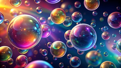 Colorful abstract background featuring translucent bubbles of varying sizes and shapes suspended in mid-air against a dark gradient.
