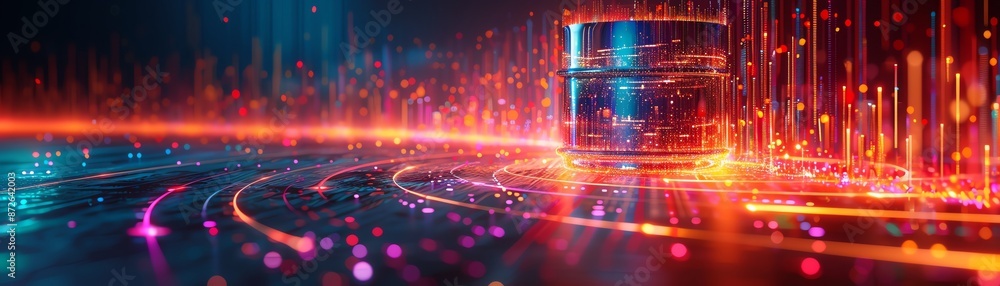 Poster futuristic data server hub with glowing lights, representing high-tech digital information storage a