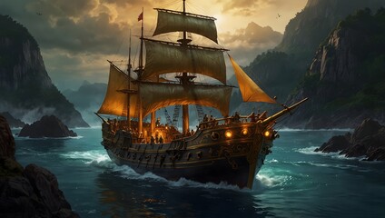 Obraz premium A short story about a daring rescue mission involving the elusive golden ship ai_generated