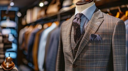 Naklejka premium An elegant men's suit on a mannequin inside a trendy boutique, emphasizing the luxury and modernity of the menswear store.