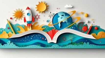 An open book with paper cutouts showcasing a rocket, sun, earth, pencils, and other science-related imagery. Back to school.