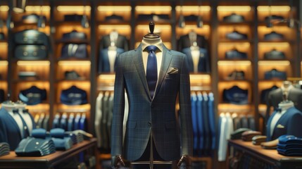 An elegant men's suit on a mannequin inside a trendy boutique, emphasizing the luxury and modernity of the menswear store.