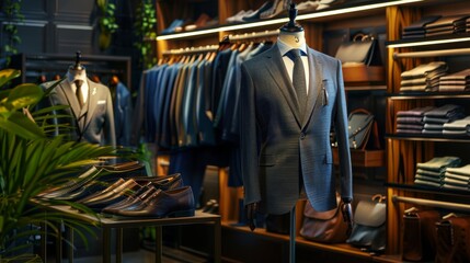 An elegant men's suit on a mannequin inside a trendy boutique, emphasizing the luxury and modernity of the menswear store.