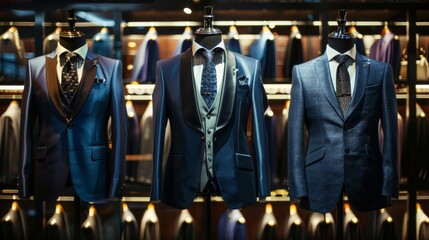 An elegant men's suit on a mannequin inside a trendy boutique, emphasizing the luxury and modernity of the menswear store.