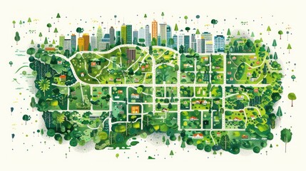 A city map is drawn with a lot of green trees and houses. The map is very detailed and shows the layout of the city