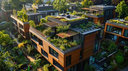 A row of houses with green roofs and gardens. The houses are tall and have many windows. The gardens are well-maintained and add to the overall beauty of the neighborhood