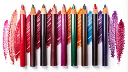 Naklejka premium Elegant assortment of luxurious eye liner pencils and lip liner pens isolated on white background, showcasing vibrant color smear samples.