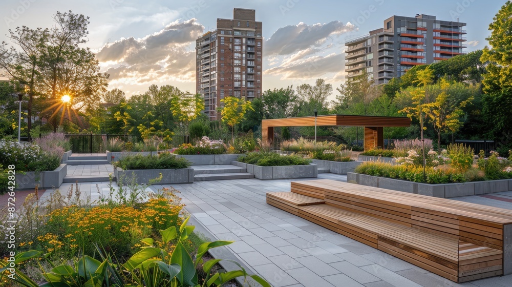 Aufkleber a park with a lot of greenery and a bench with a table in the middle. the bench is surrounded by a l