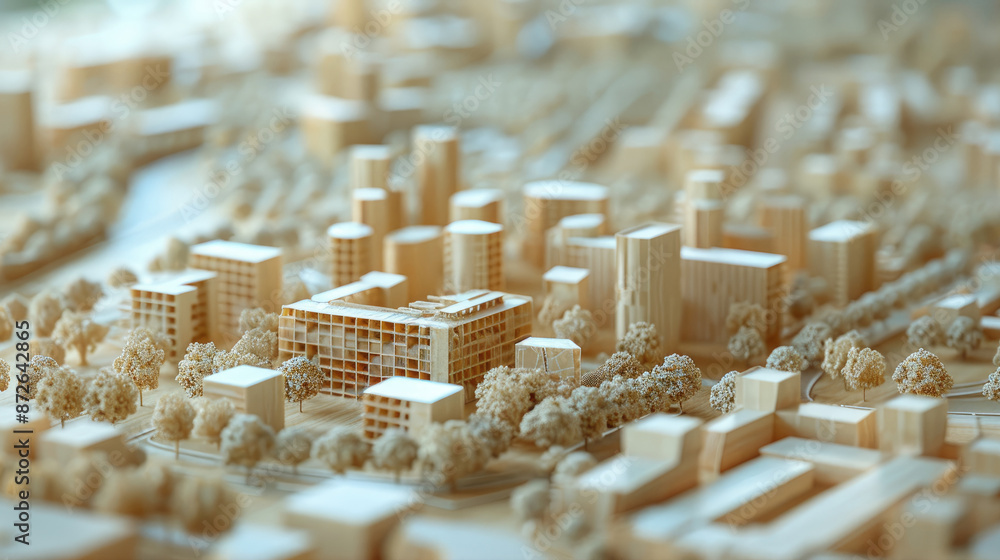 Poster a model of a city made out of wood. the buildings are small and the trees are sparse