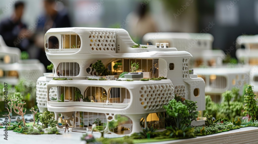Poster a model of a tall building with a lot of windows and a green roof. the building is surrounded by tre