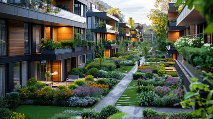 Obraz premium A row of houses with a green garden in between. The houses are tall and have balconies. The garden is well-maintained and has a variety of plants, including flowers and shrubs