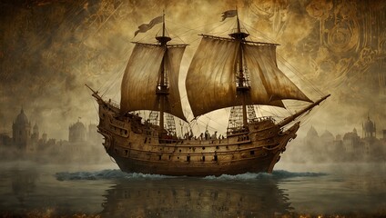 Naklejka premium The secrets hidden within the ancient engravings of a golden ship ai_generated