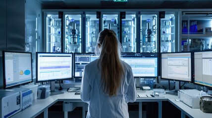 Cybersecurity professional monitors data streams and network security amid high-tech screens and equipment. AIG58