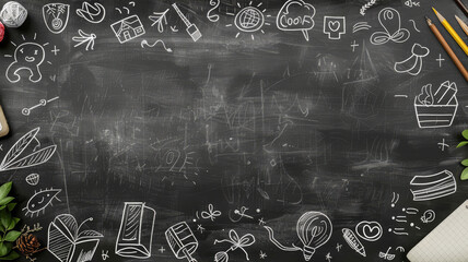 A dark grey chalkboard with white chalk doodles of school supplies like books, pencils, and a lightbulb, with green leaves and a notebook on the bottom right. Back to school.