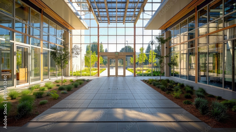 Poster large open space with a lot of greenery and a glass ceiling. the space is designed to be inviting an