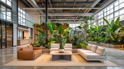 A large room with a lot of plants and furniture. The furniture is white and brown. The room has a modern and sophisticated feel