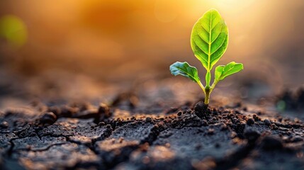 Small green plant is growing in the dirt. The plant is surrounded by dry, cracked soil, which gives the image a sense of desolation and struggle. The plant's small size