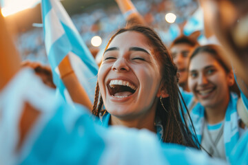 Weiblicher Fussball Fan aus Argentinien jubelt im Stadion