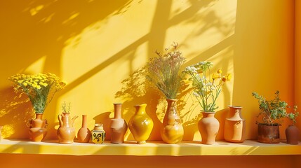 Colorful Ceramic Vases on Display Shelf. and Room decuration piesec.buddha statue in temple and Yellow background. AI Generated image.
