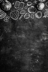 A dark grey chalkboard background with white chalk drawings of school icons. The icons include a book, pencil, apple, strawberry, and more. Back to school.