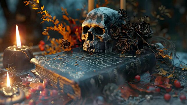 the Halloween decorations, you find an old, dusty journal with cryptic entries about a rooftop curse. seamless looping time-lapse virtual 4k video animation