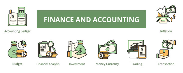 Finance and Accounting Lineal Color Banner Web Icon Set Vector Illustration, Accounting Ledger Budget Financial Analysis Investment Money Currency Trading Transaction Inflation