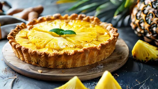 Pineapple tart on wooden board with fresh pineapple slices