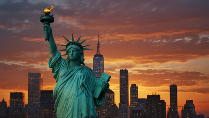Fototapeta premium Panorama of Statue of Liberty against Manhattan cityscape background in New York City, NY, USA, Generative AI
