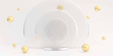 Circular glass podium, Circular stage, Circular podium base, clear glass backdrop 3D illustration