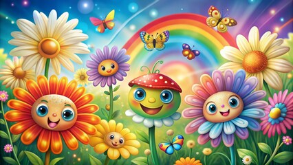 Fototapeta premium Whimsical summer illustration featuring smiling daisies, sparkly flowers, rainbow hues, mushroom, butterfly, and playful eyes on a vibrant colorful background.