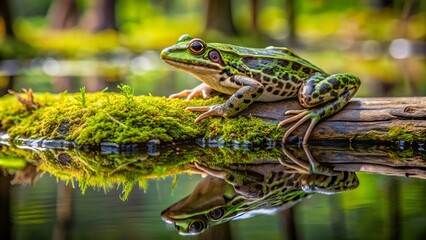 Obraz premium Verdant green wetland habitat features solitary northern leopard frog sitting on moss-covered log surrounded by murky water reflections.