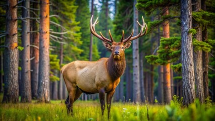 Obraz premium Majestic North American elk stands serene amidst lush green forest surrounded by towering trees in Yellowstone National Park landscape.