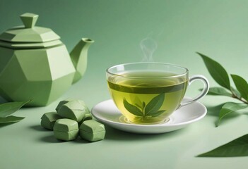 papercut illustration, Artfully composed still life featuring a bottle of green tea extract supplements, accompanied by a ceramic teacup brimming with steaming green tea and a scattering of fresh gree