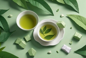 papercut illustration, Artfully composed still life featuring a bottle of green tea extract supplements, accompanied by a ceramic teacup brimming with steaming green tea and a scattering of fresh gree