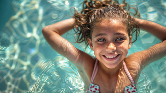 A young pre-teen girl smiling as she floats in a hotel or public swimming pool. Summer fun. Youthful activities.